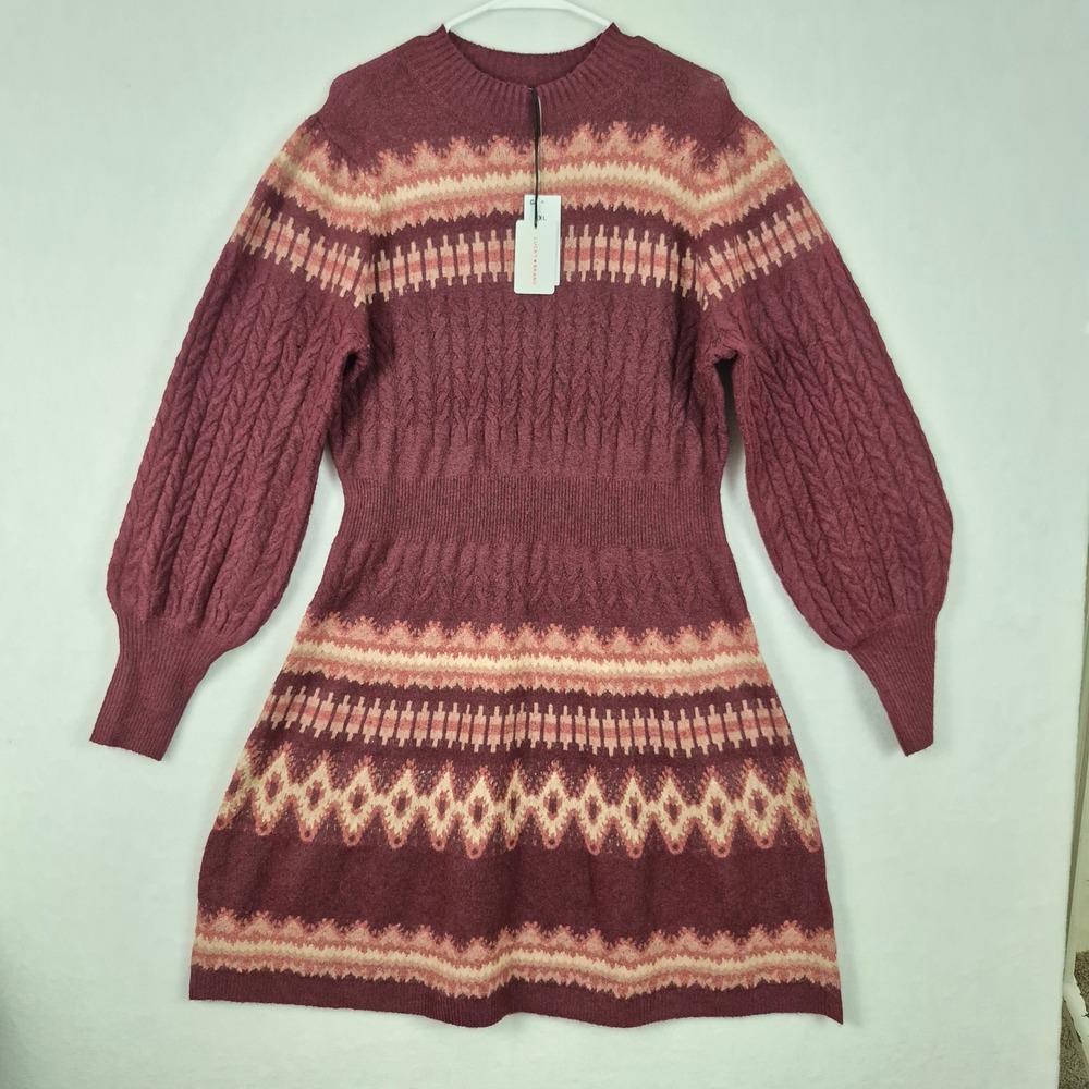 NWT Lucky Brand Fair Isle Cable Knit Sweater Dress Burgundy Pink XL Puff Sleeve